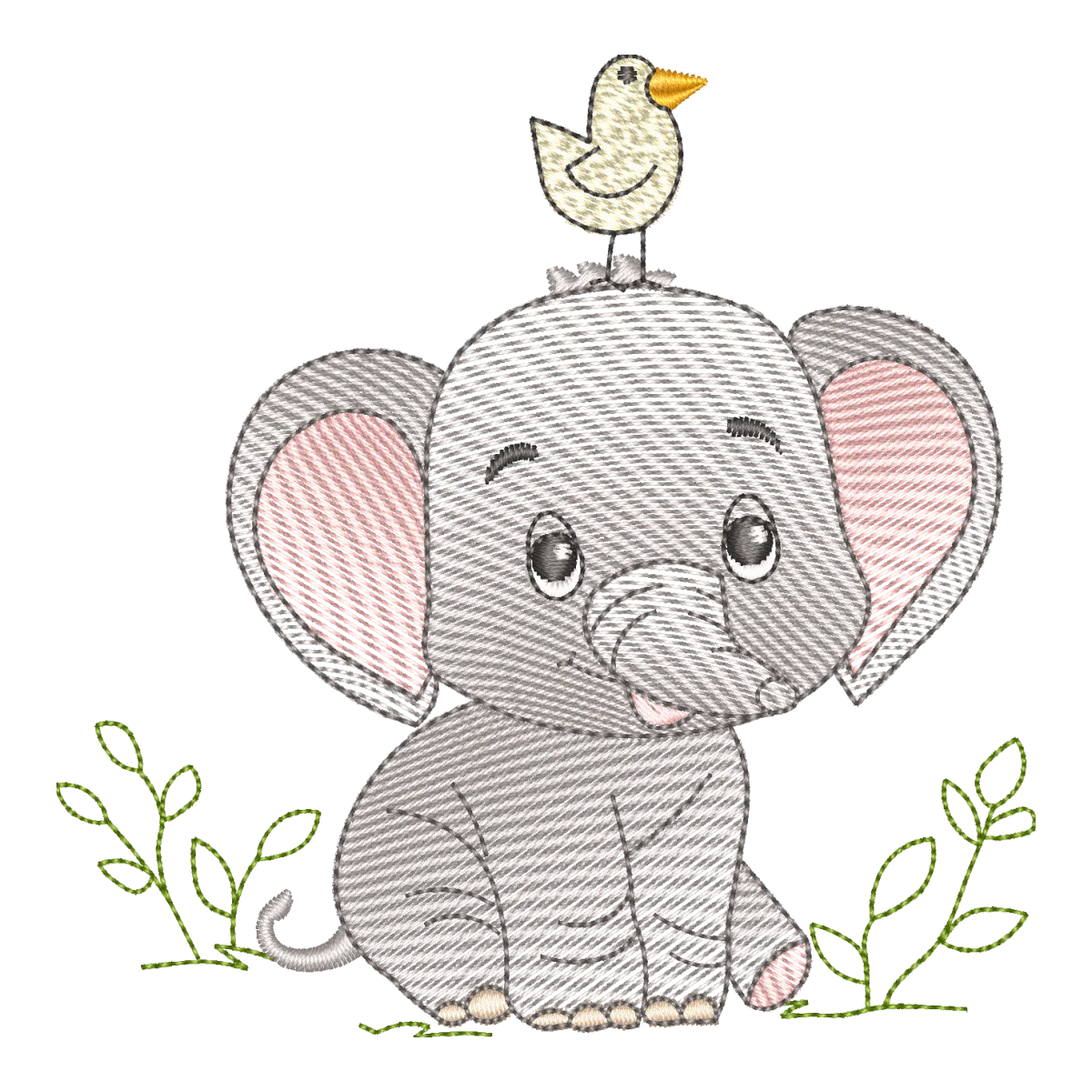 Matriz de Bordado Elefante Bebê com Pássaro - Pontos & Formas