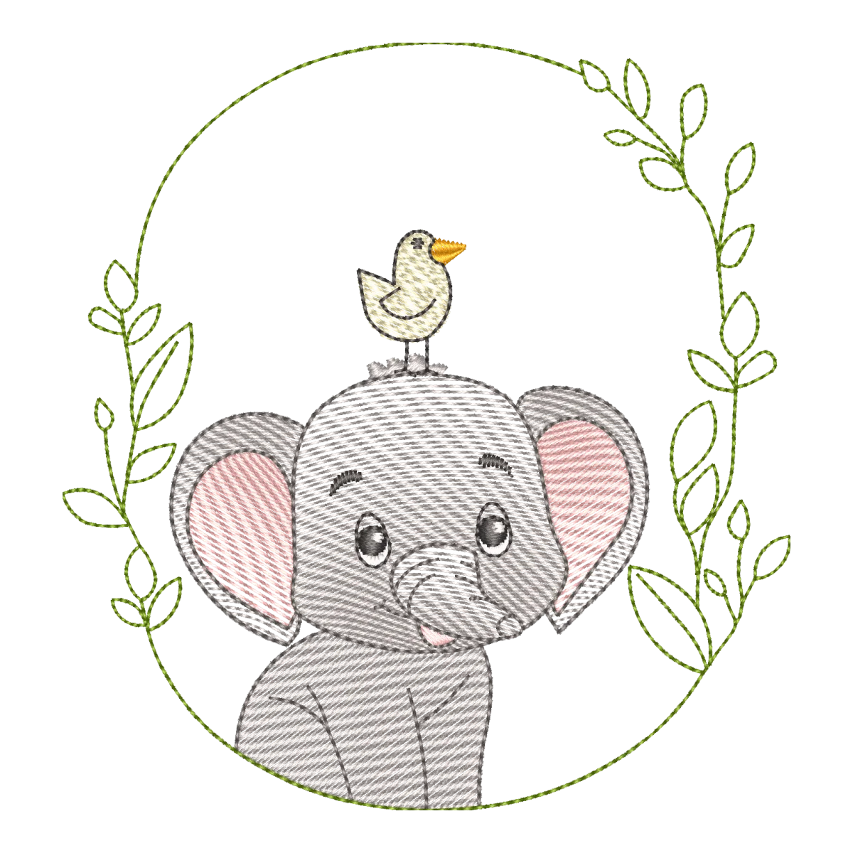 Matriz de Bordado Elefante Bebê com Pássaro e Moldura Botânica