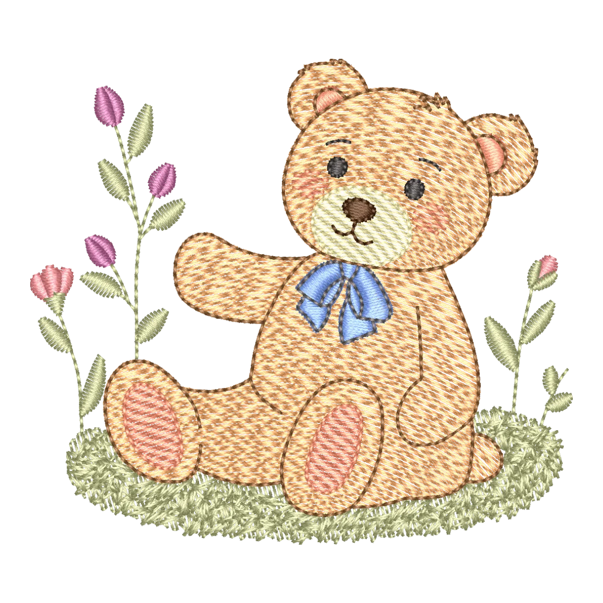 Matriz de Bordado Ursinho Fofo com Laço e Flores - Pontos & Formas