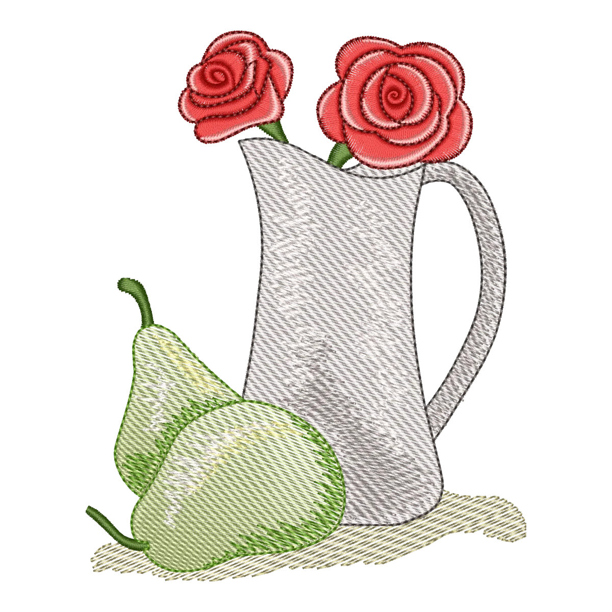Matriz de Bordado Jarro com Rosas e Peras - Design Exclusivo Pontos & Formas