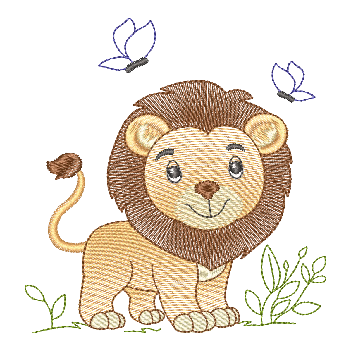 Matriz de Bordado Leão Fofo com Borboletas - Encanto Safari para Bebês