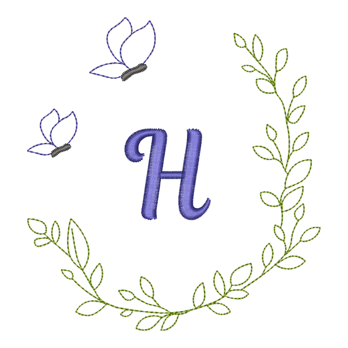 Matriz de Bordado Letra H Floral com Borboletas - Pontos & Formas