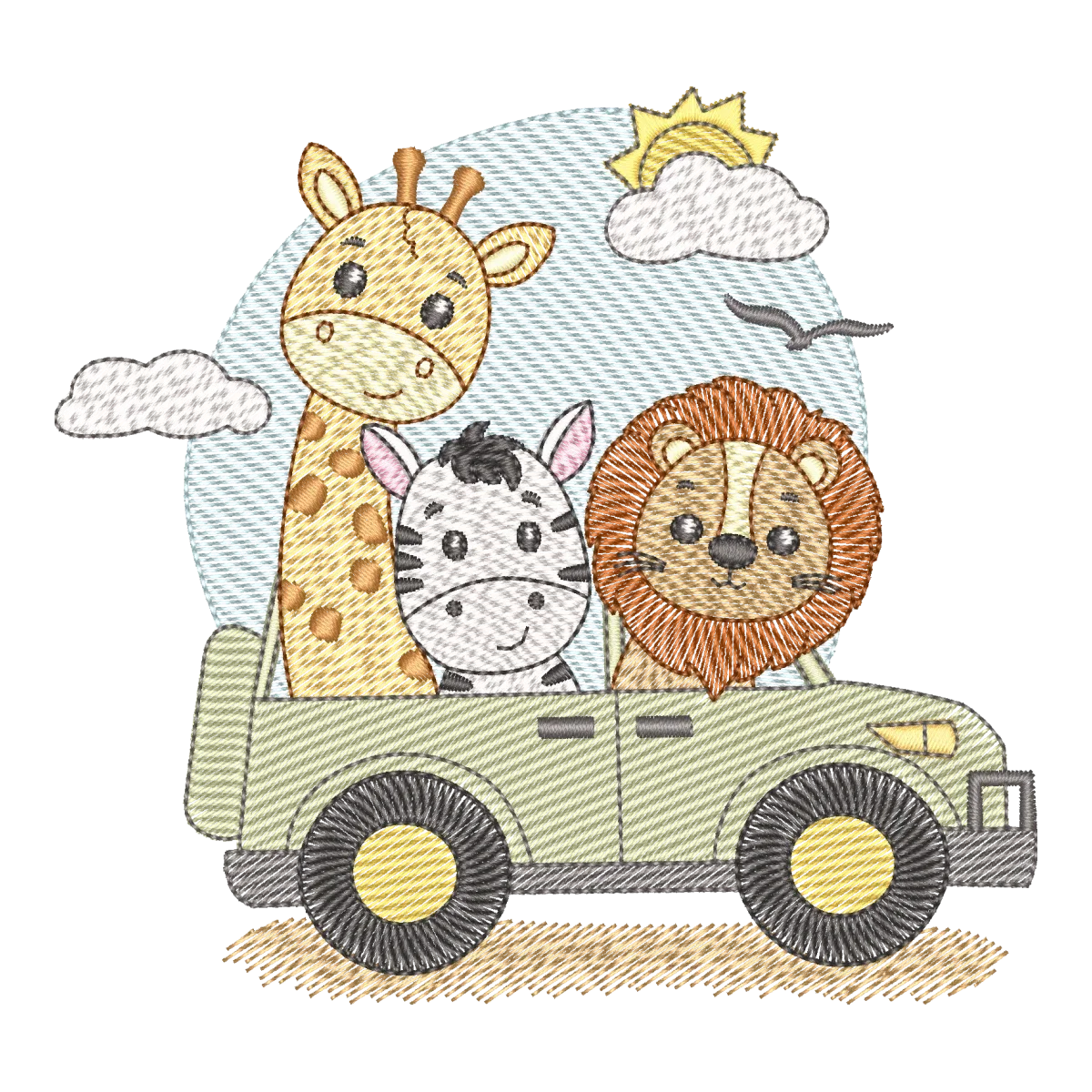 Matriz de Bordado Safari Aventura: Leão, Zebra e Girafa no Jeep