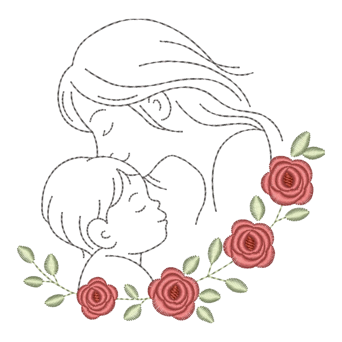 Matriz de Bordado Silhueta Mãe e Filho com Rosas - Pontos Leves