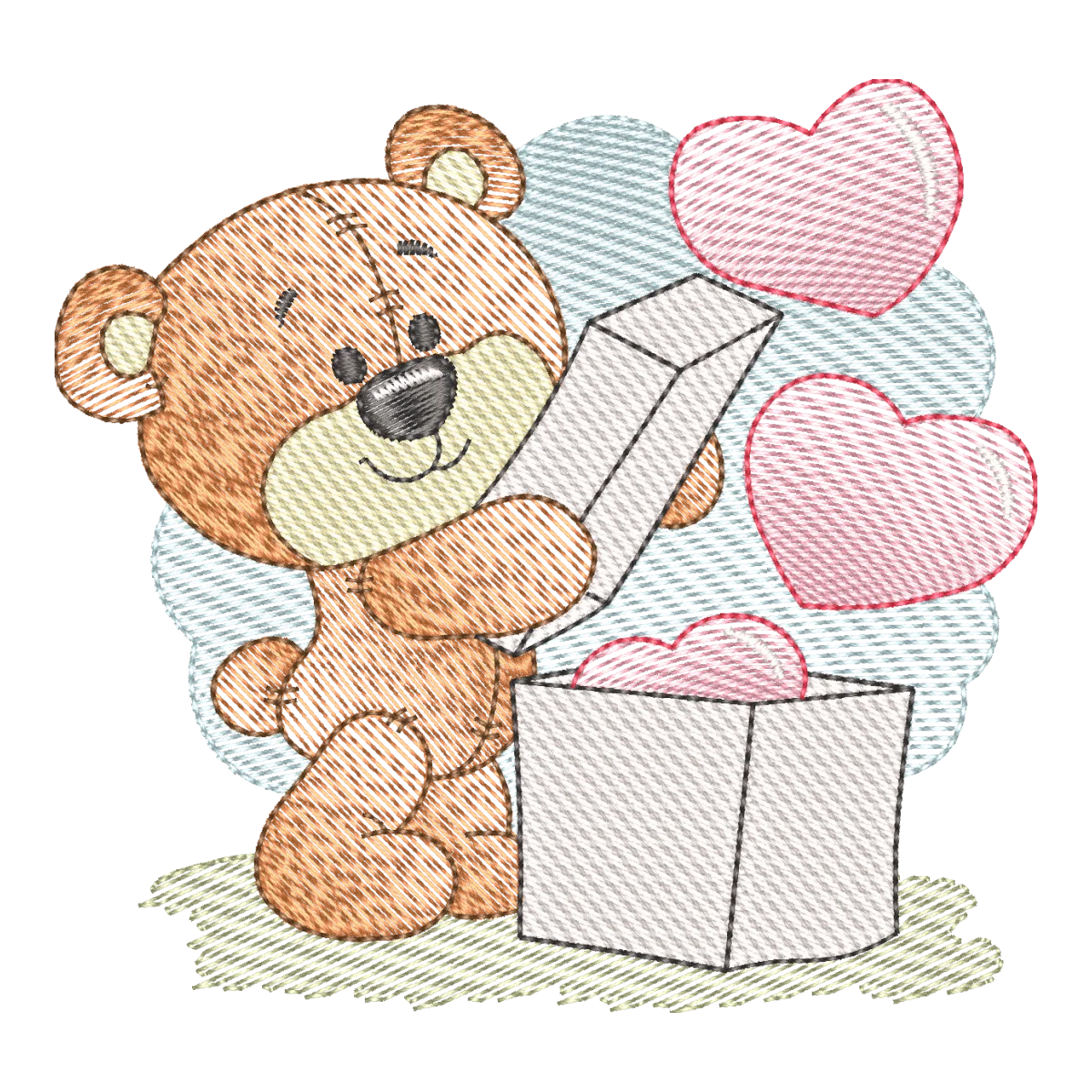 Matriz de Bordado Ursinho Fofo com Presente e Corações - Amor em Pontos