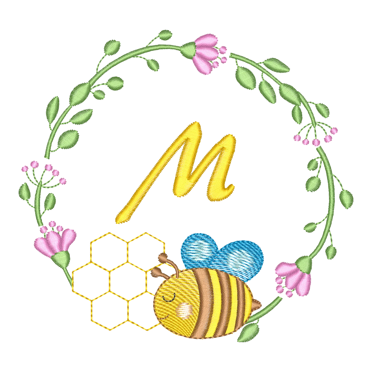 Matriz de Bordado Abelha com Monograma M Floral - Pontos Leves
