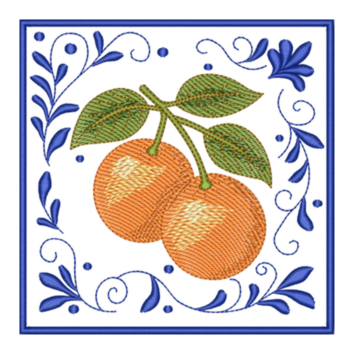 Bordado Cítrico Floral: Laranjas Frescas com Moldura Azul