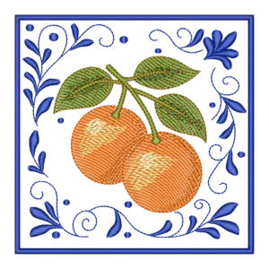 Bordado Cítrico Floral: Laranjas Frescas com Moldura Azul