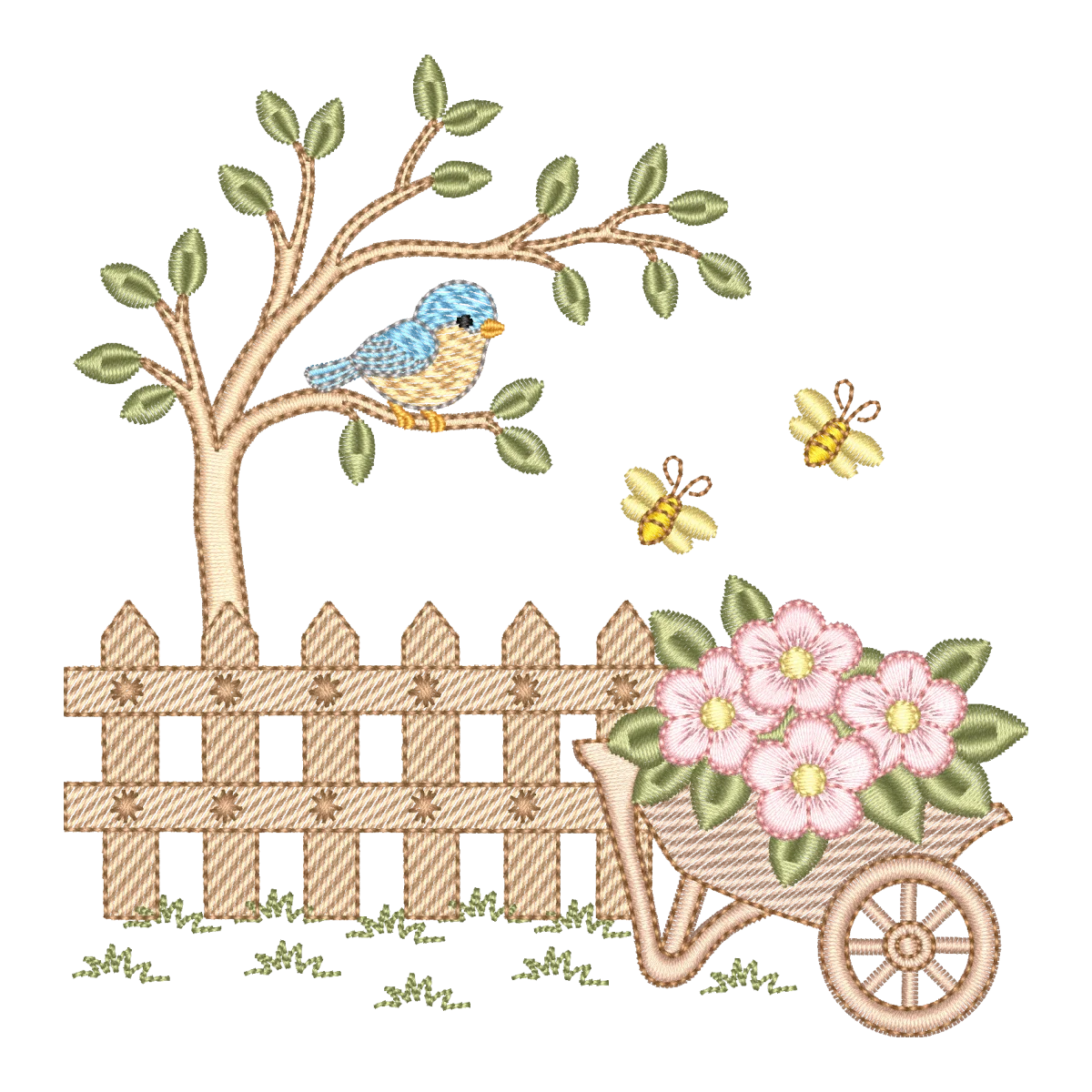 Matriz de Bordado Jardim Encantado: Pássaro, Cerca e Flores