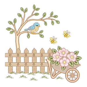 Matriz de Bordado Jardim Encantado: Pássaro, Cerca e Flores