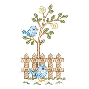 Matriz de Bordado Pássaros no Galho com Cerca