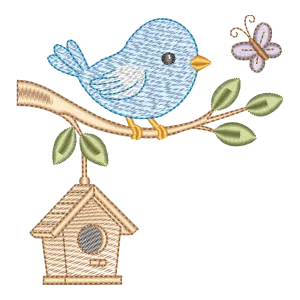 Matriz de Bordado Passarinho na Casinha com Borboleta