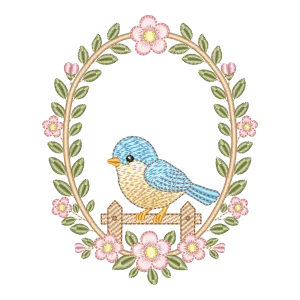 Matriz de Bordado Passarinho na Guirlanda Floral