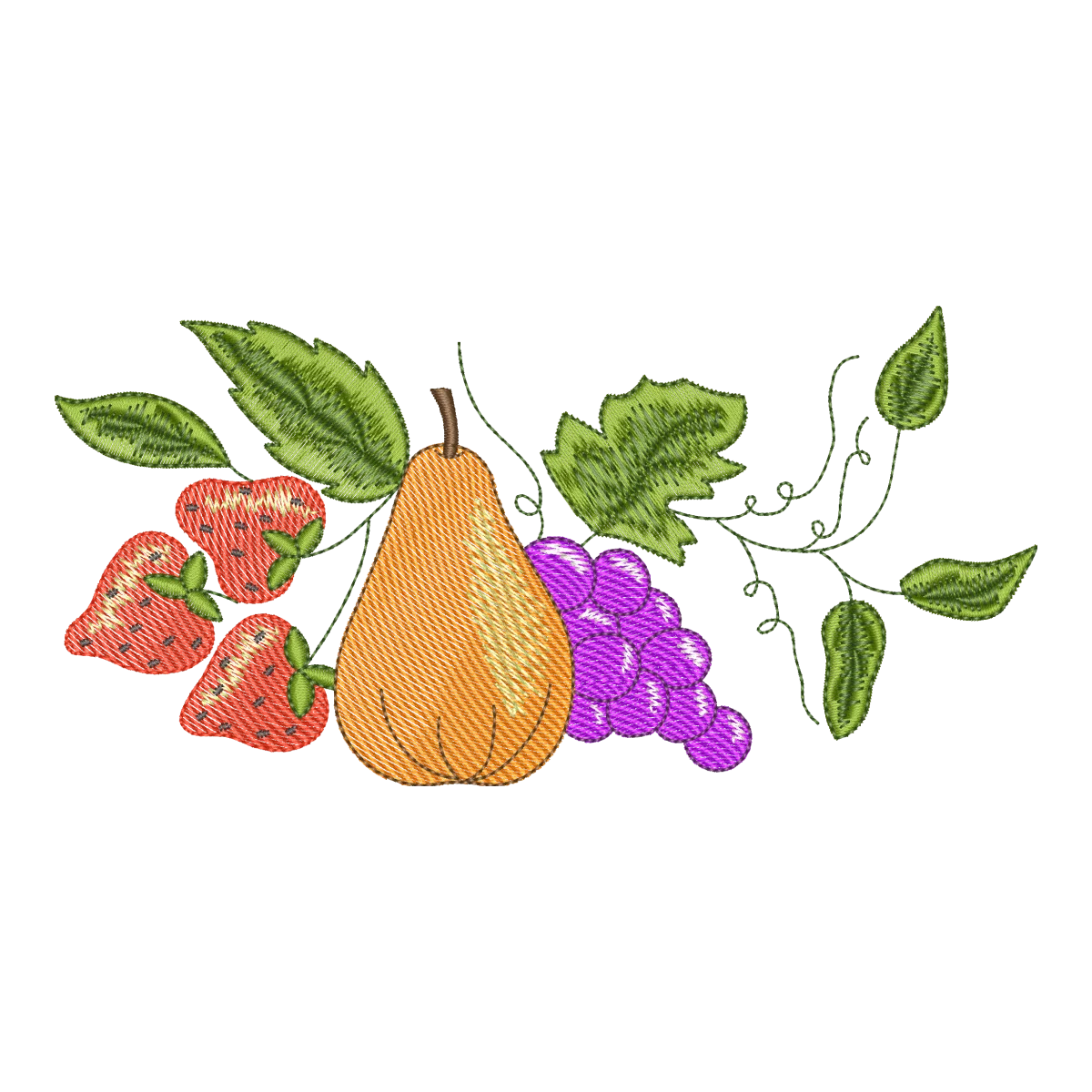 Matriz de Bordado Frutas Frescas: Pera, Morango e Uva - Pontos Leves