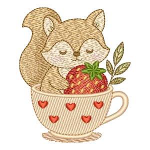 Esquilo Aconchegante: Bordado Digital na Xícara com Morango