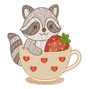 Bordado Guaxinim na Xícara com Morango