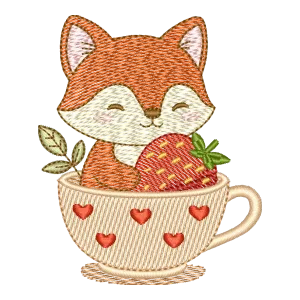 Matriz de Bordado Raposa Sonhadora na Xícara com Morango