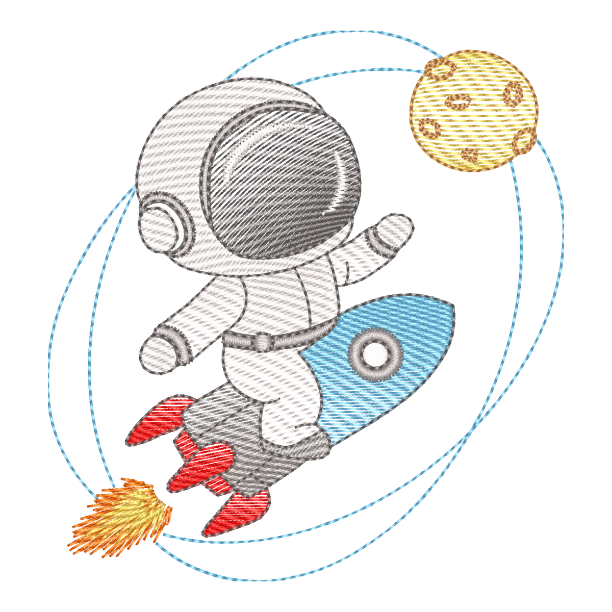 Matriz de Bordado Astronauta, Foguete e Planeta