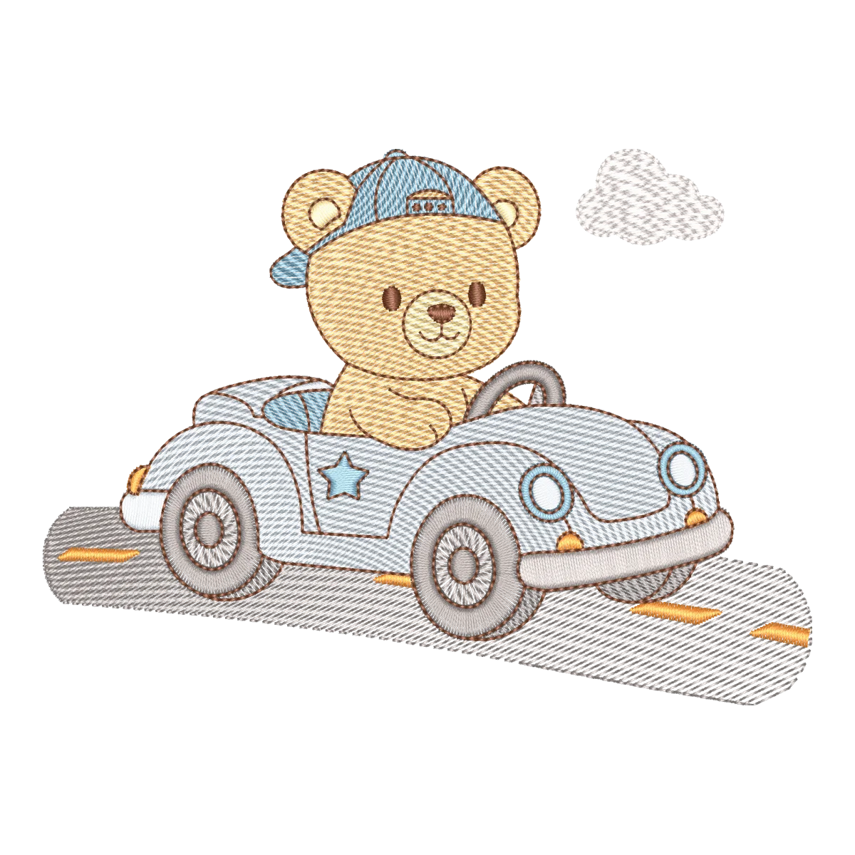 Matriz de Bordado Ursinho Aventureiro no Carro