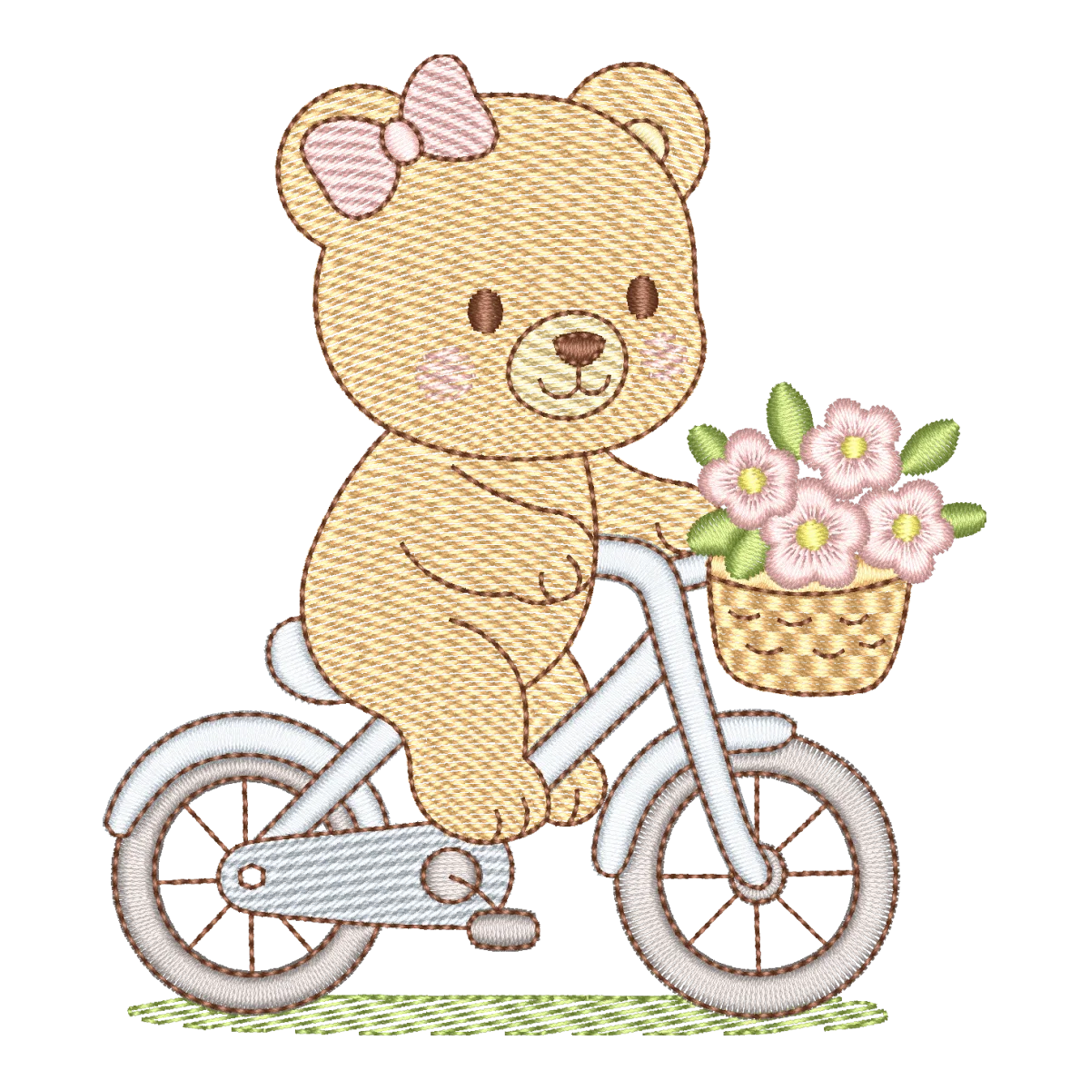 Matriz de Bordado Ursinho na Bicicleta com Cesta de Flores