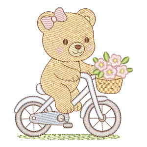 Matriz de Bordado Ursinho na Bicicleta com Cesta de Flores