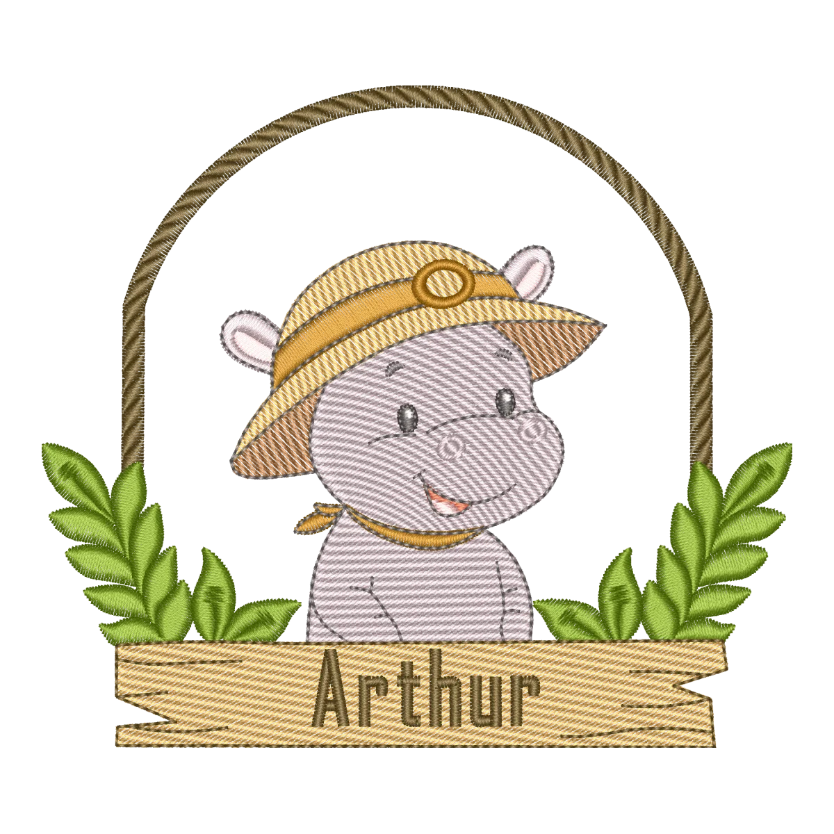 Matriz de Bordado Hipopótamo Aventureiro com Nome Personalizável