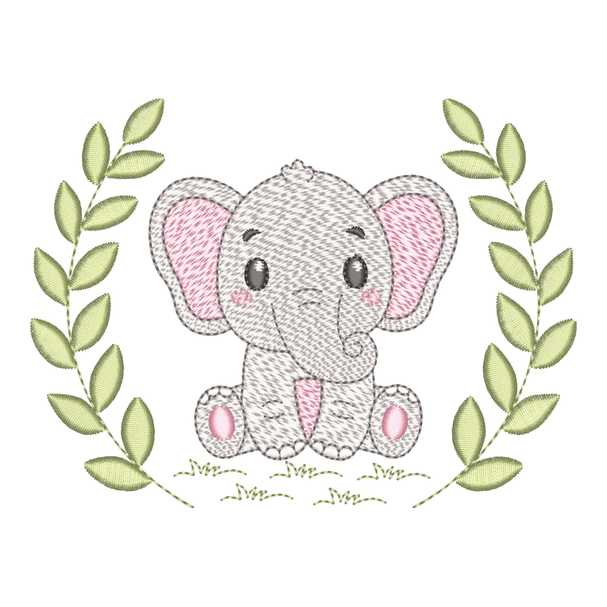 Matriz de Bordado Elefante Bebê com Coroa de Folhas
