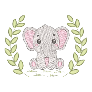 Matriz de Bordado Elefante Bebê com Coroa de Folhas