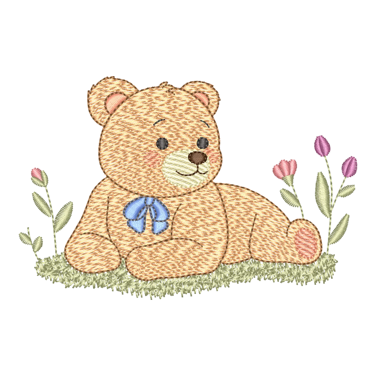 Matriz de Bordado Ursinho Fofo com Laço e Flores
