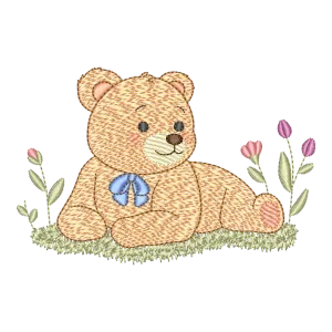 Matriz de Bordado Ursinho Fofo com Laço e Flores