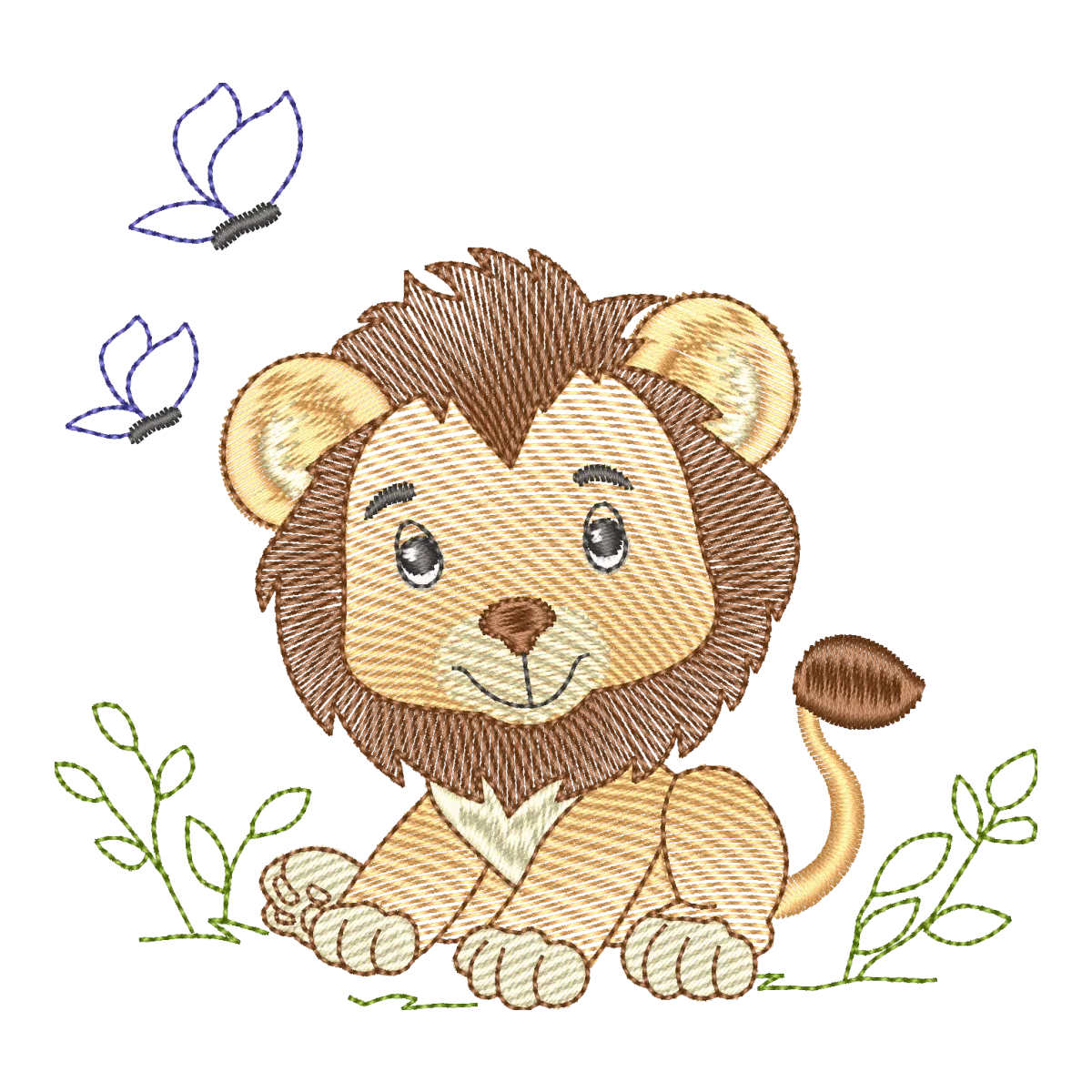 Matriz de Bordado Leãozinho Aventureiro com Borboletas