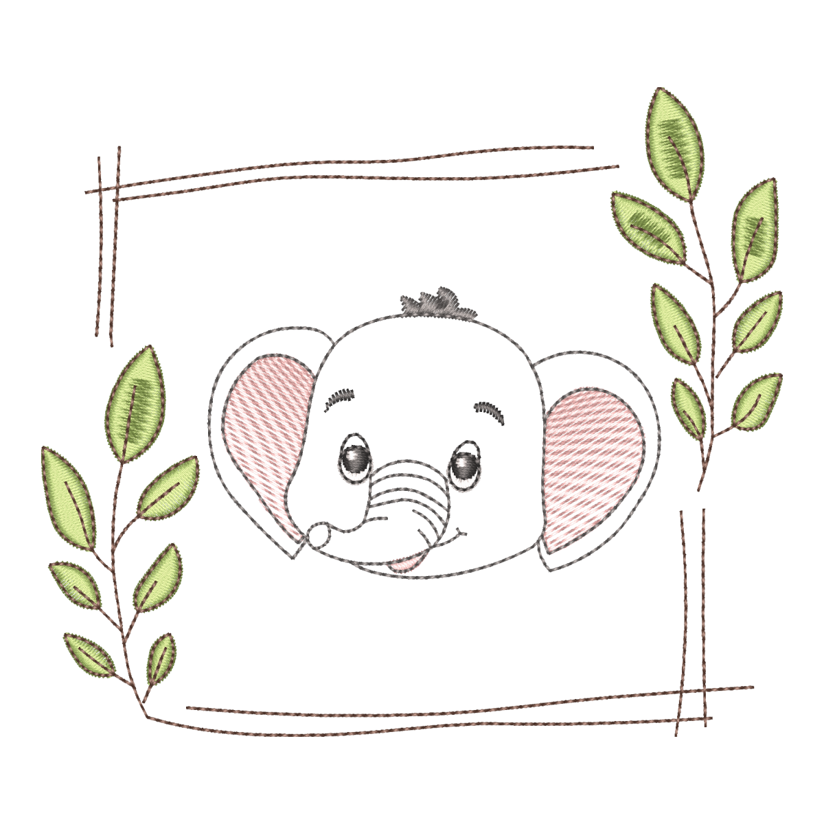 Matriz de Bordado Elefantinho Fofo com Moldura Botânica