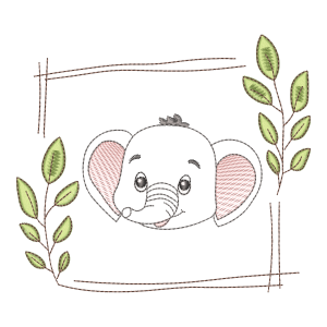 Matriz de Bordado Elefantinho Fofo com Moldura Botânica