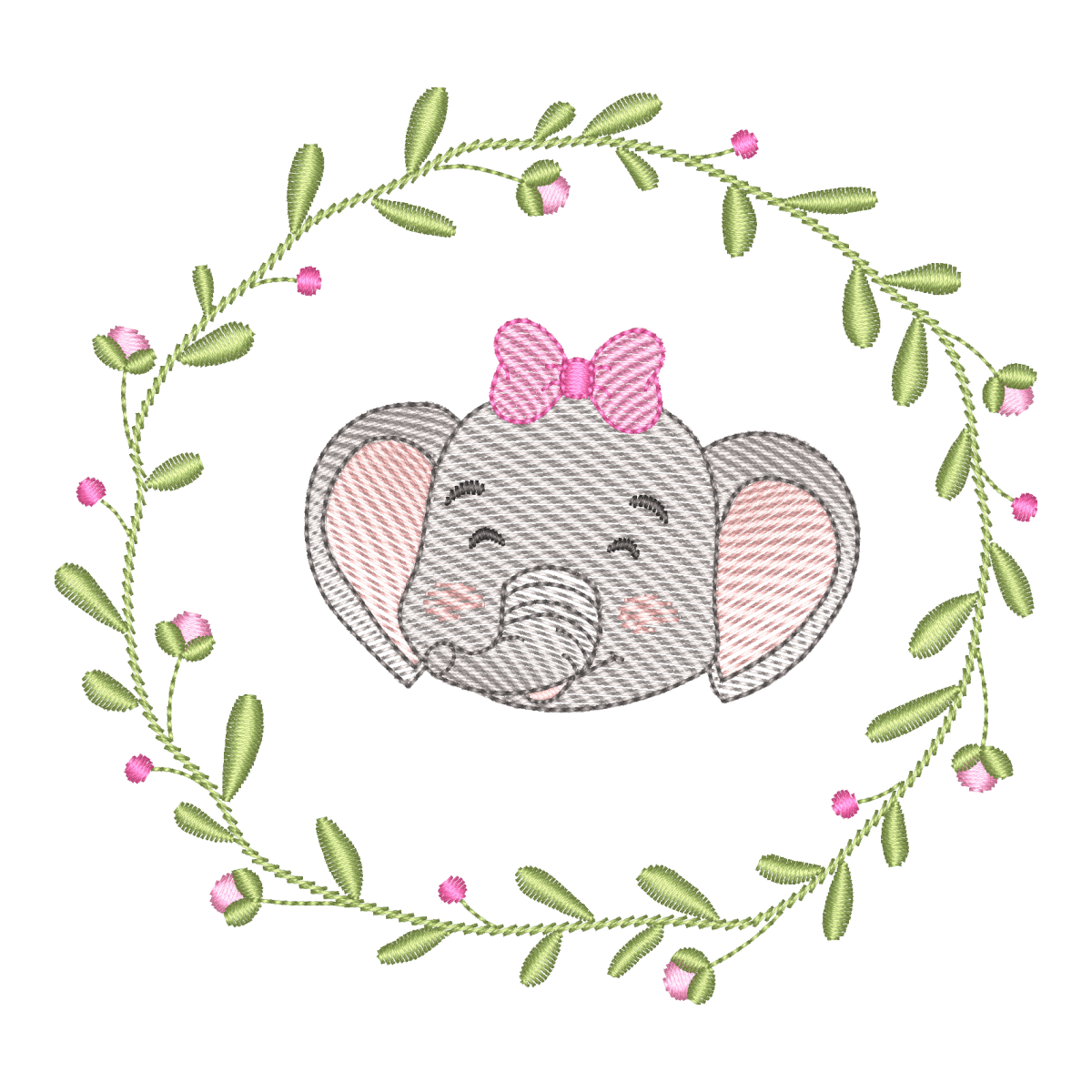 Matriz de Bordado Elefantinha com Laço e Guirlanda Floral