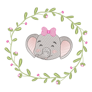 Matriz de Bordado Elefantinha com Laço e Guirlanda Floral