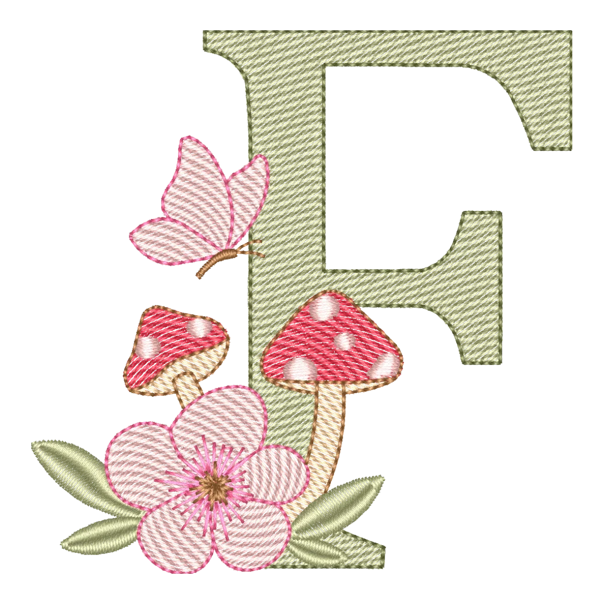 Matriz de Bordado Letra F: Encanto da Floresta com Cogumelos e Borboleta