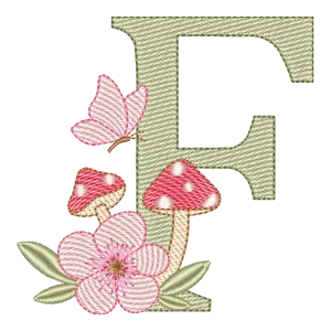 Matriz de Bordado Letra F: Encanto da Floresta com Cogumelos e Borboleta