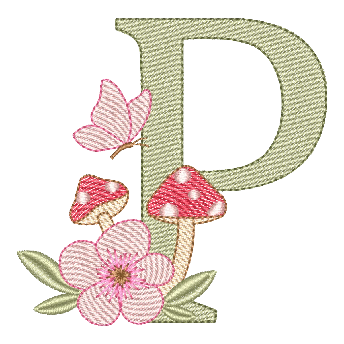 Matriz de Bordado Letra P Encantada com Cogumelos e Borboleta