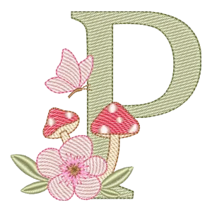 Matriz de Bordado Letra P Encantada com Cogumelos e Borboleta