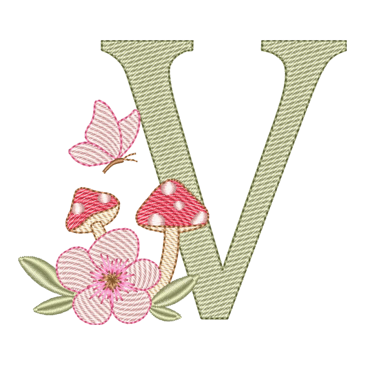 Letra V Encantada: Cogumelos e Borboleta