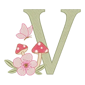 Letra V Encantada: Cogumelos e Borboleta