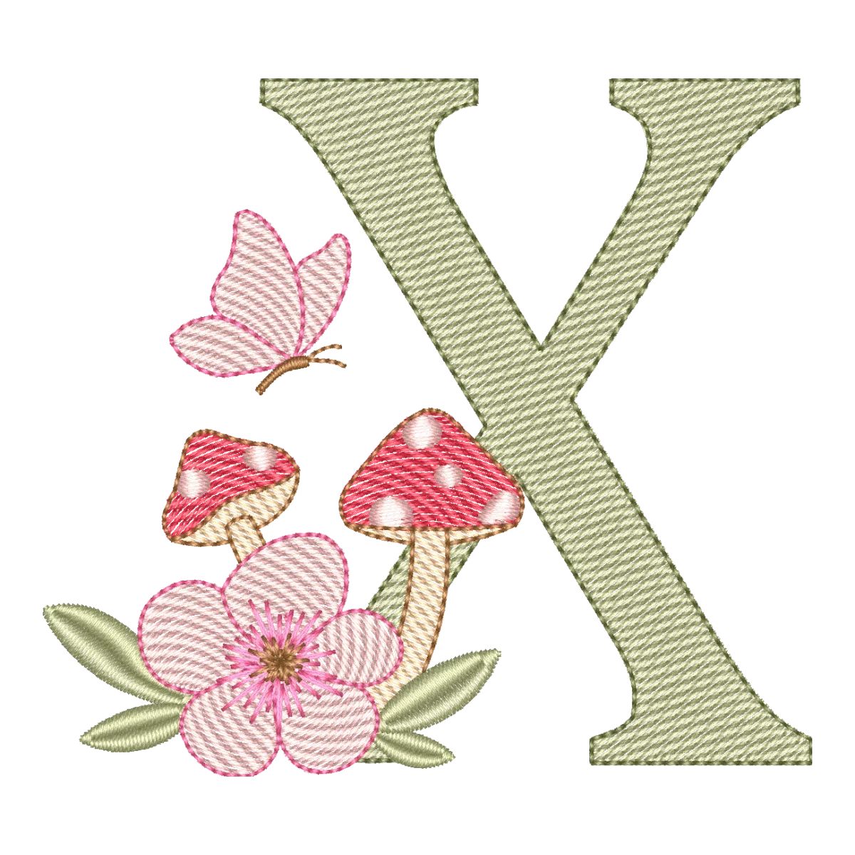 Matriz de Bordado Letra X: Magia Floral do Alfabeto Cogumelo