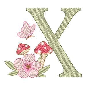 Matriz de Bordado Letra X: Magia Floral do Alfabeto Cogumelo