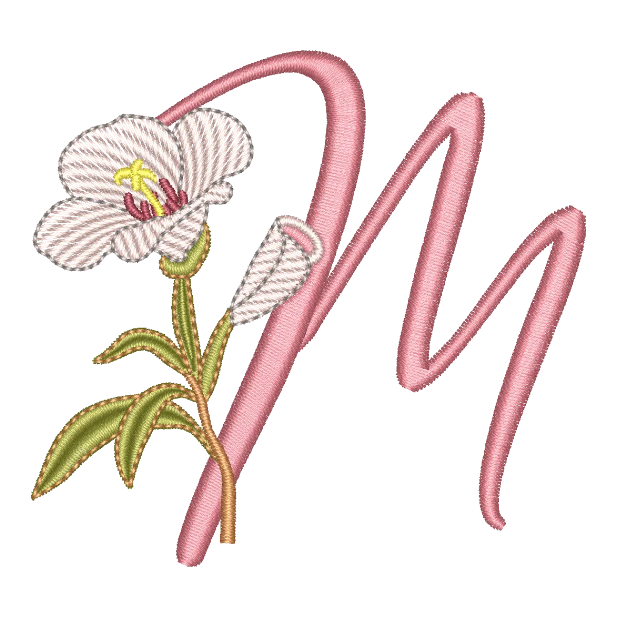 Matriz de Bordado Monograma M Floral Alfabeto Galhos - Pontos Leves