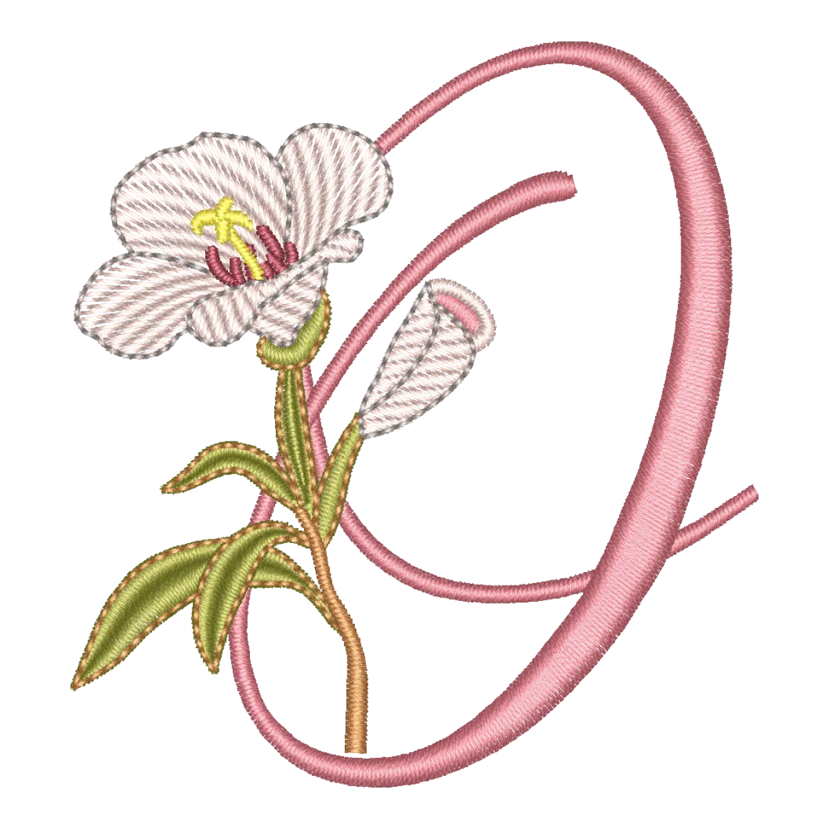 Matriz de Bordado Monograma O Floral - Coleção Alfabeto Galhos - Pontos Leves