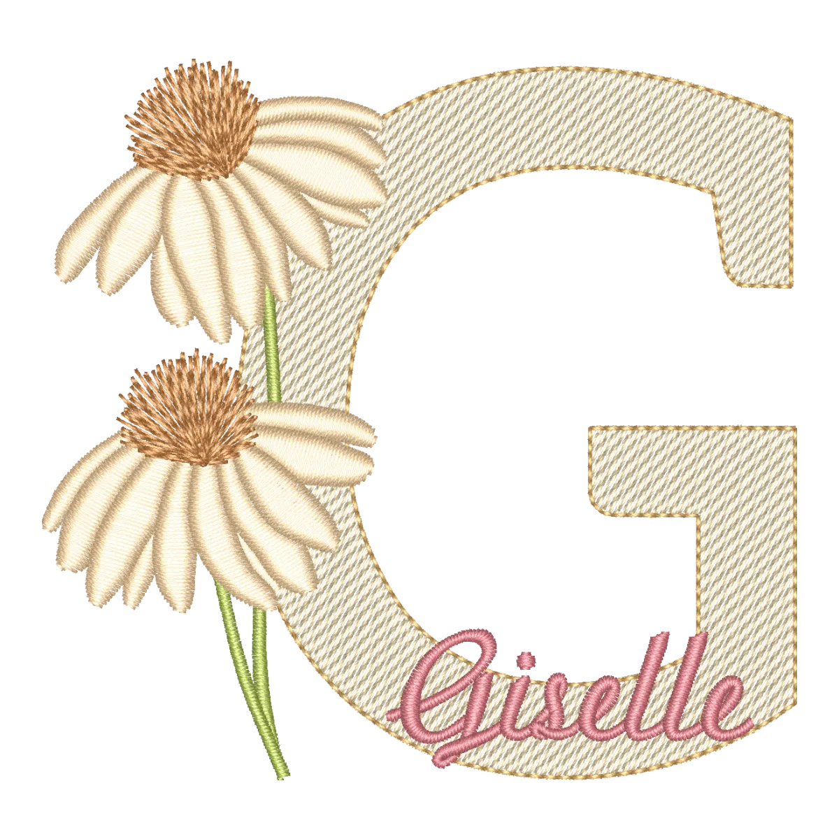 Matriz de Bordado Letra G Floral Nome Giselle - Alfabeto Margarida
