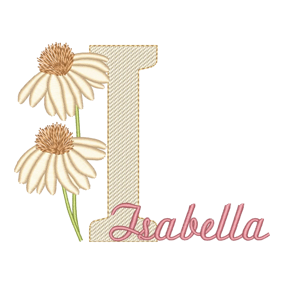 Matriz de Bordado Letra I com Margaridas e Nome Isabella - Coleção Alfabeto Floral