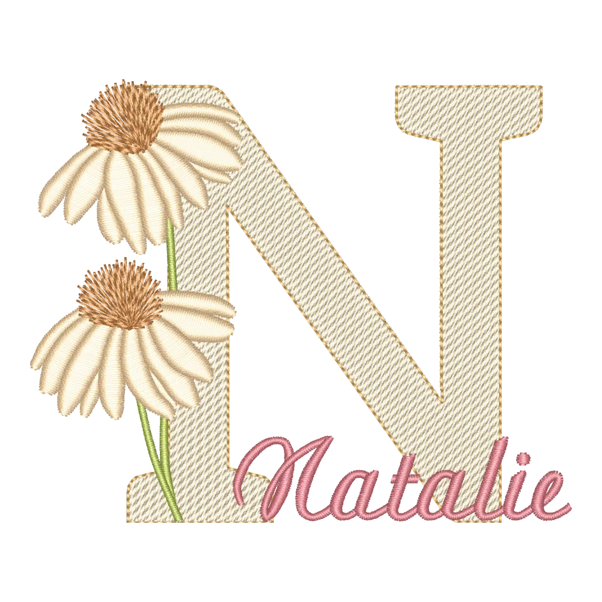 Matriz de Bordado Monograma N Floral Margarida com Nome Natalie