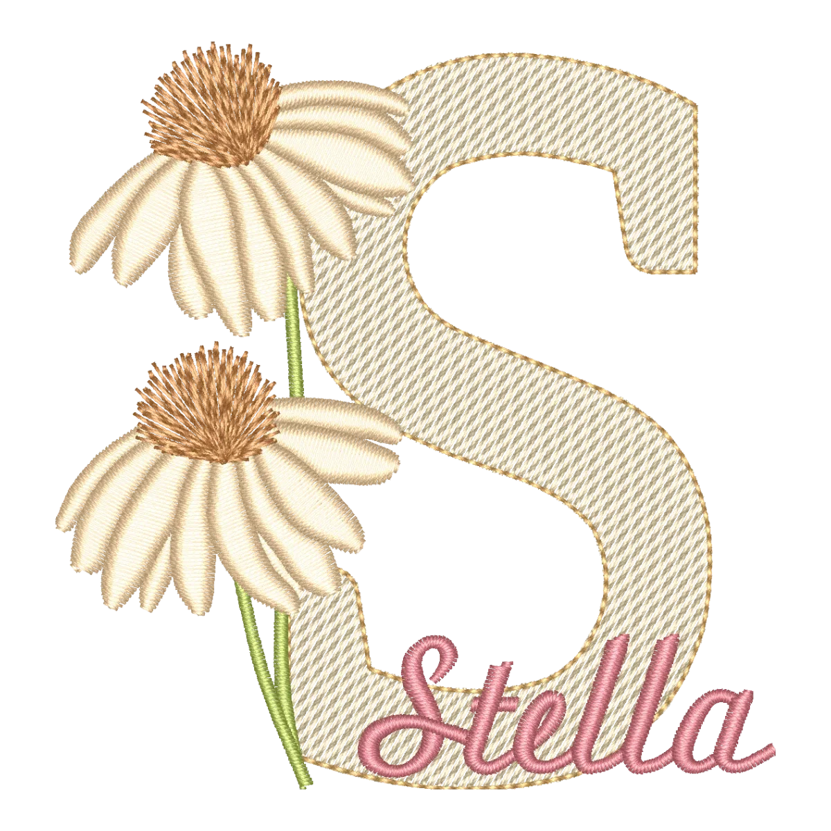 Matriz de Bordado Letra S Floral Margarida com Nome Stella