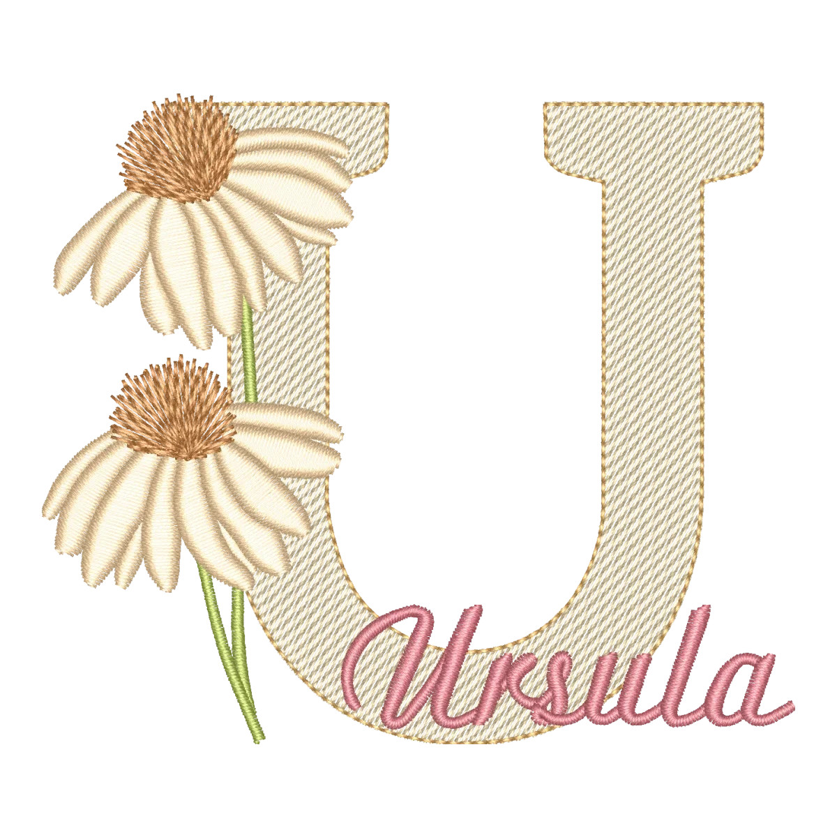 Matriz de Bordado Letra U Floral Margarida com Nome Ursula - Pontos Leves